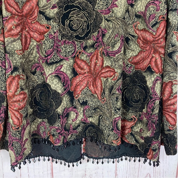 Dressbarn Size 18 20 Beaded Fringe Cardigan Black Floral Glitter Textured Slinky - Picture 10 of 13
